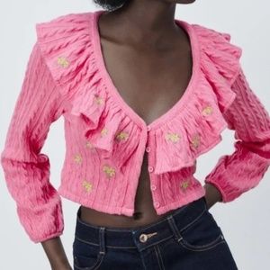 Zara Floral Cable Knit Ruffled Pink Cropped Cardigan Sweater Small